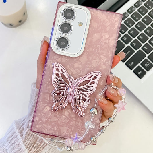 For Samsung Galaxy S25+ 5G Plating Glitter Lens Film Texture Butterfly Holder Wristband Phone Case(Pink Shell Pattern) - Galaxy S25+ 5G Cases by PMC Jewellery | Online Shopping South Africa | PMC Jewellery | Buy Now Pay Later Mobicred