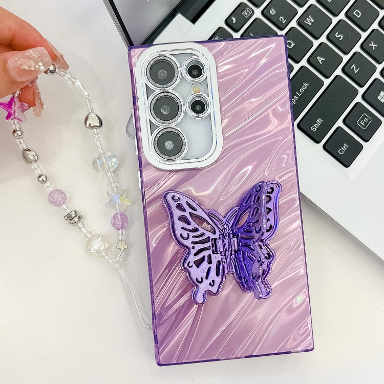 For Samsung Galaxy S25 Ultra 5G Plating Glitter Lens Film Texture Butterfly Holder Wristband Phone Case(White Feathers) - Galaxy S25 Ultra 5G Cases by PMC Jewellery | Online Shopping South Africa | PMC Jewellery | Buy Now Pay Later Mobicred