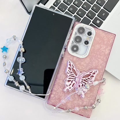 For Samsung Galaxy S25 5G Plating Glitter Lens Film Texture Butterfly Holder Wristband Phone Case(Purple Shell Pattern) - Galaxy S25 5G Cases by PMC Jewellery | Online Shopping South Africa | PMC Jewellery | Buy Now Pay Later Mobicred