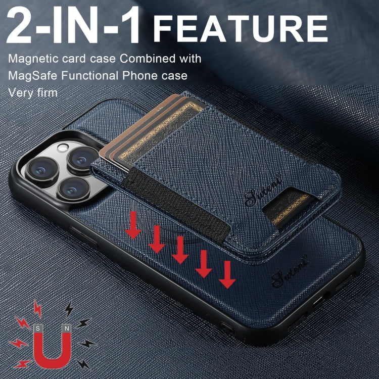 For iPhone 16 Pro Max Suteni H17 Cross Grain Leather MagSafe Detachable Wallet Phone Case(Blue) - iPhone 16 Pro Max Cases by Suteni | Online Shopping South Africa | PMC Jewellery | Buy Now Pay Later Mobicred