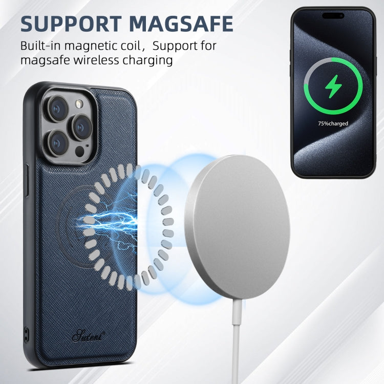 For iPhone 16 Pro Suteni H17 Cross Grain Leather MagSafe Detachable Wallet Phone Case(Blue) - free shipping - PMC Jewellery - Order now!