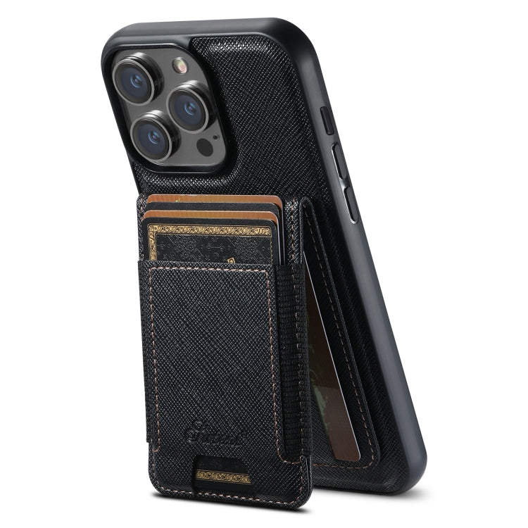 For iPhone 14 Pro Suteni H17 Cross Grain Leather MagSafe Detachable Wallet Phone Case(Black) - iPhone 14 Pro Cases by Suteni | Online Shopping South Africa | PMC Jewellery | Buy Now Pay Later Mobicred