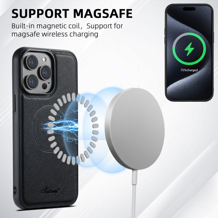 For iPhone 16 Plus Suteni H18 Cross Grain MagSafe Wallet Leather Phone Case(Black) - free shipping - PMC Jewellery - Order now!