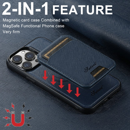 For iPhone 16 Pro Suteni H18 Cross Grain MagSafe Wallet Leather Phone Case(Blue) - iPhone 16 Pro Cases by Suteni | Online Shopping South Africa | PMC Jewellery | Buy Now Pay Later Mobicred