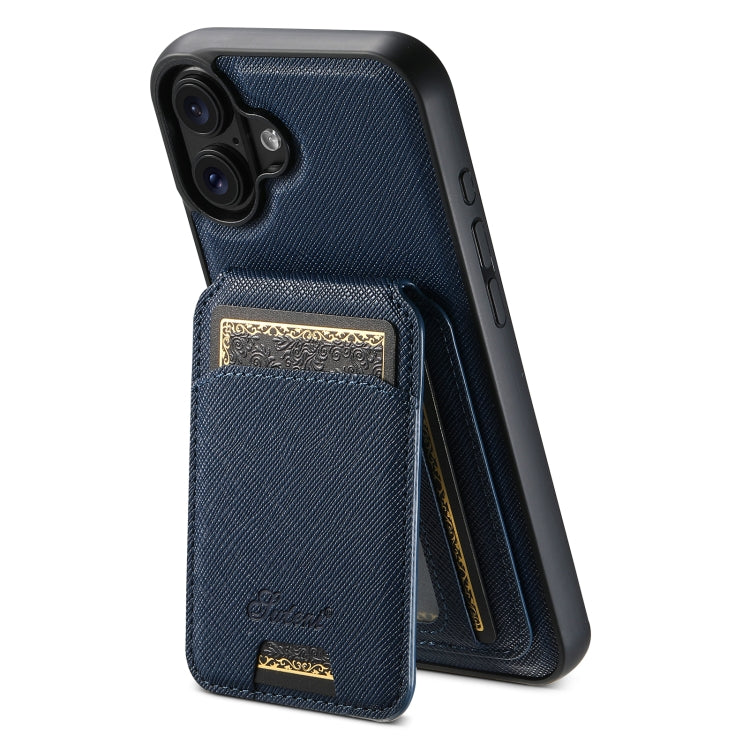 For iPhone 16 Suteni H18 Cross Grain MagSafe Wallet Leather Phone Case(Blue) - free shipping - PMC Jewellery - Order now!