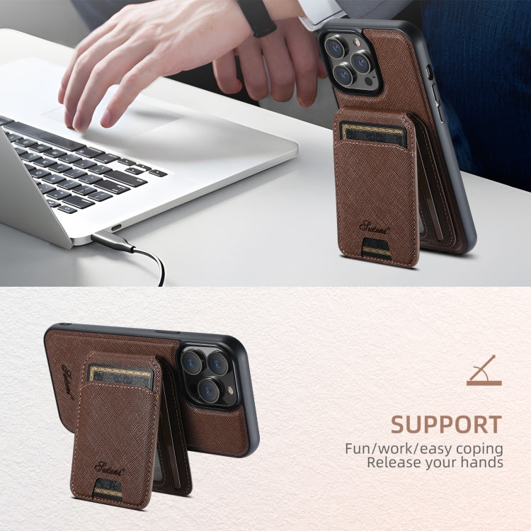 For iPhone 13 Suteni H18 Cross Grain MagSafe Wallet Leather Phone Case(Brown) - iPhone 13 Cases by Suteni | Online Shopping South Africa | PMC Jewellery | Buy Now Pay Later Mobicred