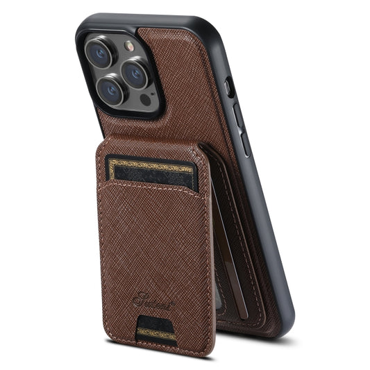 For iPhone 12 Pro Max Suteni H18 Cross Grain MagSafe Wallet Leather Phone Case(Brown) - iPhone 12 Pro Max Cases by Suteni | Online Shopping South Africa | PMC Jewellery | Buy Now Pay Later Mobicred