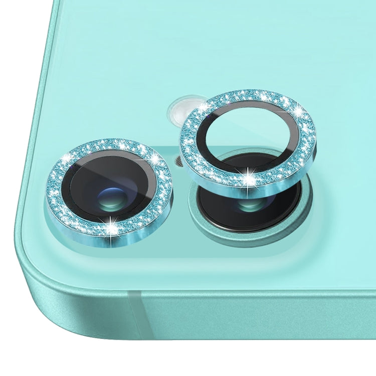 For iPhone 16 / 16 Plus NORTHJO Glitter Camera Lens Protector Tempered Glass Metal Ring Film(Cyan) - iPhone 16 Tempered Glass by NORTHJO | Online Shopping South Africa | PMC Jewellery | Buy Now Pay Later Mobicred