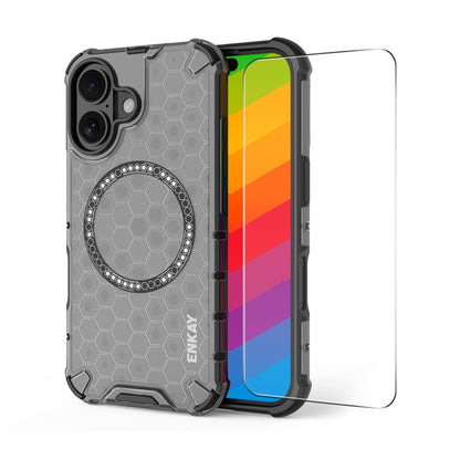 For iPhone 16 ENKAY Hat-Prince Honeycomb MagSafe Shockproof Phone Case with Large Arc Edge Film(Grey) - iPhone 16 Cases by ENKAY | Online Shopping South Africa | PMC Jewellery | Buy Now Pay Later Mobicred