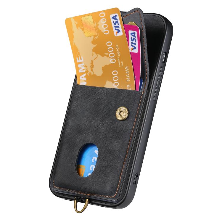 For iPhone 16e Retro Card Wallet Fold Leather Phone Case with Strap(Black) - iPhone 16e Cases by PMC TechLife | Online Shopping South Africa | PMC TechLife | Buy Now Pay Later Mobicred