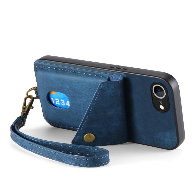 For iPhone 16e Retro Card Wallet Fold Leather Phone Case with Strap(Blue) - free shipping - PMC TechLife - Order now!