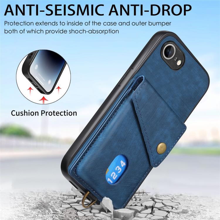 For iPhone 16e Retro Card Wallet Fold Leather Phone Case with Strap(Blue) - free shipping - PMC TechLife - Order now!