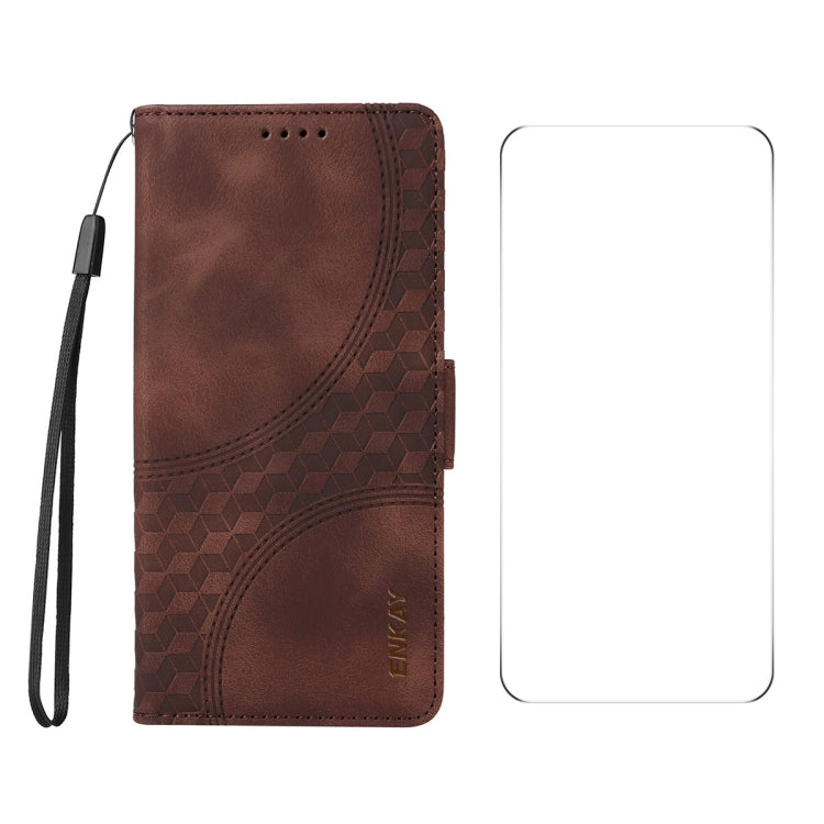 For iPhone 16 Pro Max ENKAY Embossed Rhombus Starry Leather Phone Case with Screen Film(Brown) - iPhone 16 Pro Max Cases by ENKAY | Online Shopping South Africa | PMC Jewellery | Buy Now Pay Later Mobicred