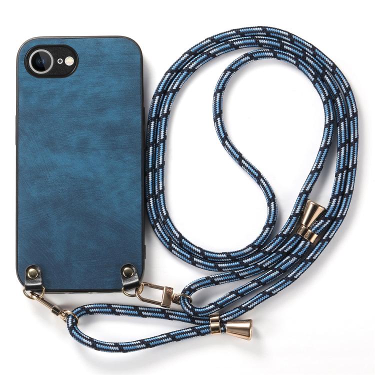 For  iPhone 16e Vintage Leather PC Back Cover Phone Case with Crossbody Strap(Blue) - iPhone 16e Cases by PMC TechLife | Online Shopping South Africa | PMC TechLife | Buy Now Pay Later Mobicred