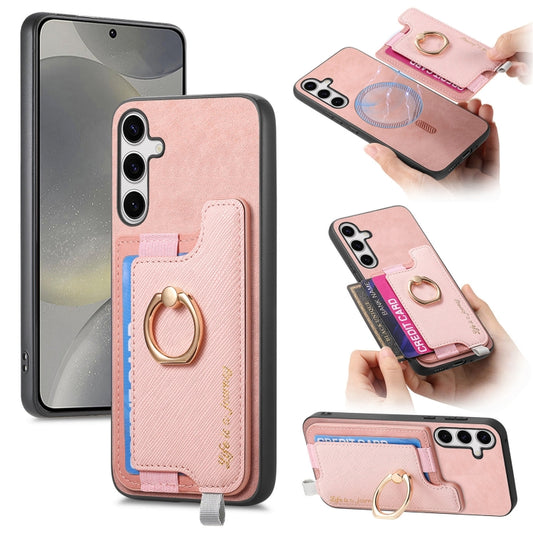 For Samsung Galaxy S25 5G Retro Cross Leather Ring Horizontal Insert Card Bag MagSafe Phone Case(Pink) - Galaxy S25 5G Cases by PMC Jewellery | Online Shopping South Africa | PMC Jewellery | Buy Now Pay Later Mobicred