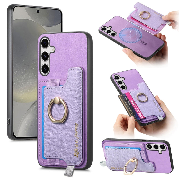 For Samsung Galaxy S25 Ultra 5G Retro Cross Leather Ring Horizontal Insert Card Bag MagSafe Phone Case(Purple) - Galaxy S25 Ultra 5G Cases by PMC Jewellery | Online Shopping South Africa | PMC Jewellery | Buy Now Pay Later Mobicred