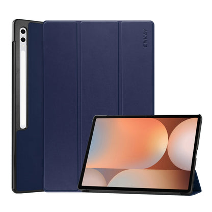 For Samsung Galaxy Tab S10+ / S9+ / S9 FE+ ENKAY Tri-fold Custer Texture Plastic Leather Smart Tablet Case with Pen Slot(Dark Blue) - Galaxy Tab S9+ Cases by ENKAY | Online Shopping South Africa | PMC Jewellery | Buy Now Pay Later Mobicred