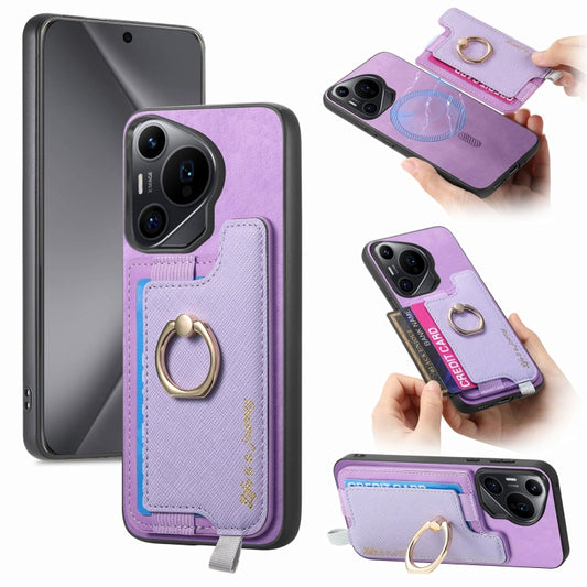 For Huawei Pura 70 Retro Magsafe Cross Leather Ring Holder Card Bag Phone Case(Purple) - Huawei Cases by PMC Jewellery | Online Shopping South Africa | PMC Jewellery | Buy Now Pay Later Mobicred