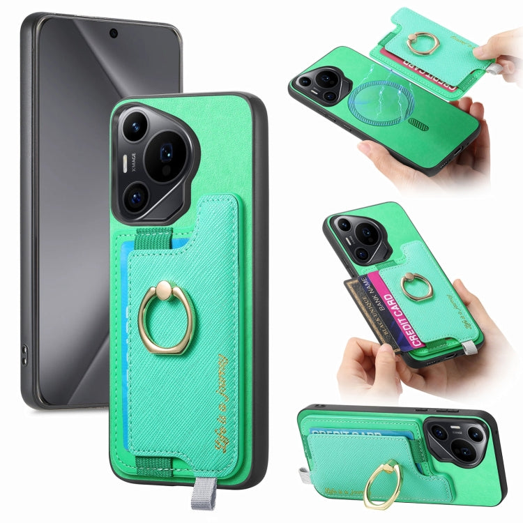 For Huawei Pura 70 Pro Retro Magsafe Cross Leather Ring Holder Card Bag Phone Case(Green) - Huawei Cases by PMC Jewellery | Online Shopping South Africa | PMC Jewellery | Buy Now Pay Later Mobicred