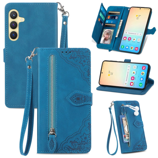 For Samsung Galaxy S25 5G Embossed Flower Zipper Leather Phone Case(Blue) - Galaxy S25 5G Cases by PMC Jewellery | Online Shopping South Africa | PMC Jewellery | Buy Now Pay Later Mobicred