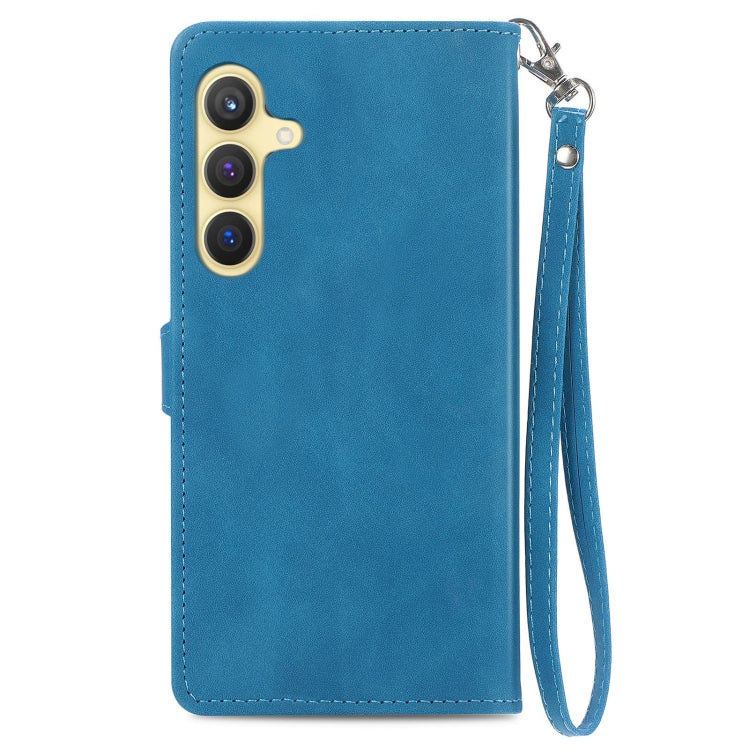 For Samsung Galaxy S25 5G Embossed Flower Zipper Leather Phone Case(Blue) - Galaxy S25 5G Cases by PMC TechLife | Online Shopping South Africa | PMC TechLife | Buy Now Pay Later Mobicred