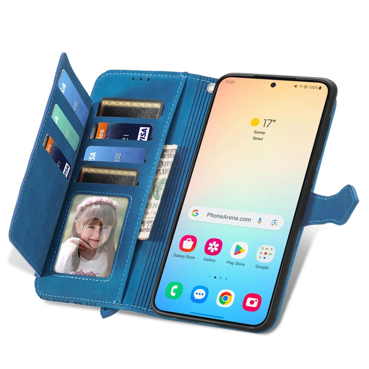 For Samsung Galaxy S25 5G Embossed Flower Zipper Leather Phone Case(Blue) - Galaxy S25 5G Cases by PMC TechLife | Online Shopping South Africa | PMC TechLife | Buy Now Pay Later Mobicred