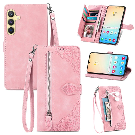 For Samsung Galaxy S25+ 5G Embossed Flower Zipper Leather Phone Case(Pink) - Galaxy S25+ 5G Cases by PMC Jewellery | Online Shopping South Africa | PMC Jewellery | Buy Now Pay Later Mobicred