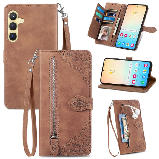 For Samsung Galaxy S25+ 5G Embossed Flower Zipper Leather Phone Case(Brown) - Galaxy S25+ 5G Cases by PMC Jewellery | Online Shopping South Africa | PMC Jewellery | Buy Now Pay Later Mobicred