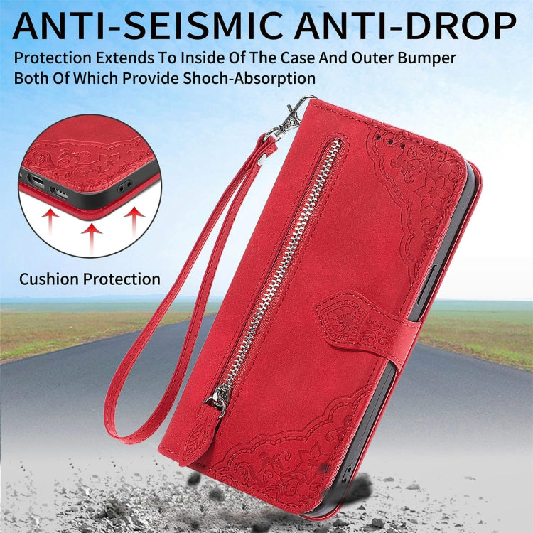 For Samsung Galaxy S25 5G Embossed Flower Zipper Leather Phone Case(Red) - Galaxy S25 5G Cases by PMC TechLife | Online Shopping South Africa | PMC TechLife | Buy Now Pay Later Mobicred