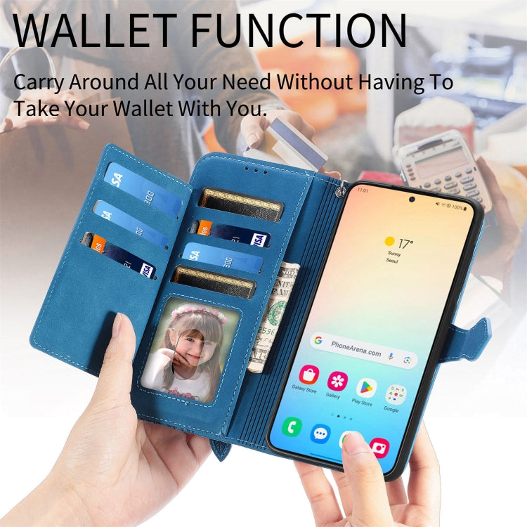 For Samsung Galaxy S25 5G Embossed Flower Zipper Leather Phone Case(Blue) - Galaxy S25 5G Cases by PMC TechLife | Online Shopping South Africa | PMC TechLife | Buy Now Pay Later Mobicred