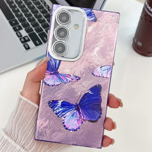 For Samsung Galaxy S25+ 5G Plating Texture Butterfly TPU Phone Case with Glitter Lens Film(Purple Butterflies HU4) - Galaxy S25+ 5G Cases by PMC Jewellery | Online Shopping South Africa | PMC Jewellery | Buy Now Pay Later Mobicred