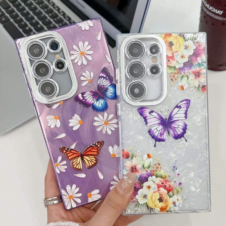 For Samsung Galaxy S25+ 5G Plating Texture Butterfly TPU Phone Case with Glitter Lens Film(Purple Butterflies HU4) - Galaxy S25+ 5G Cases by PMC Jewellery | Online Shopping South Africa | PMC Jewellery | Buy Now Pay Later Mobicred