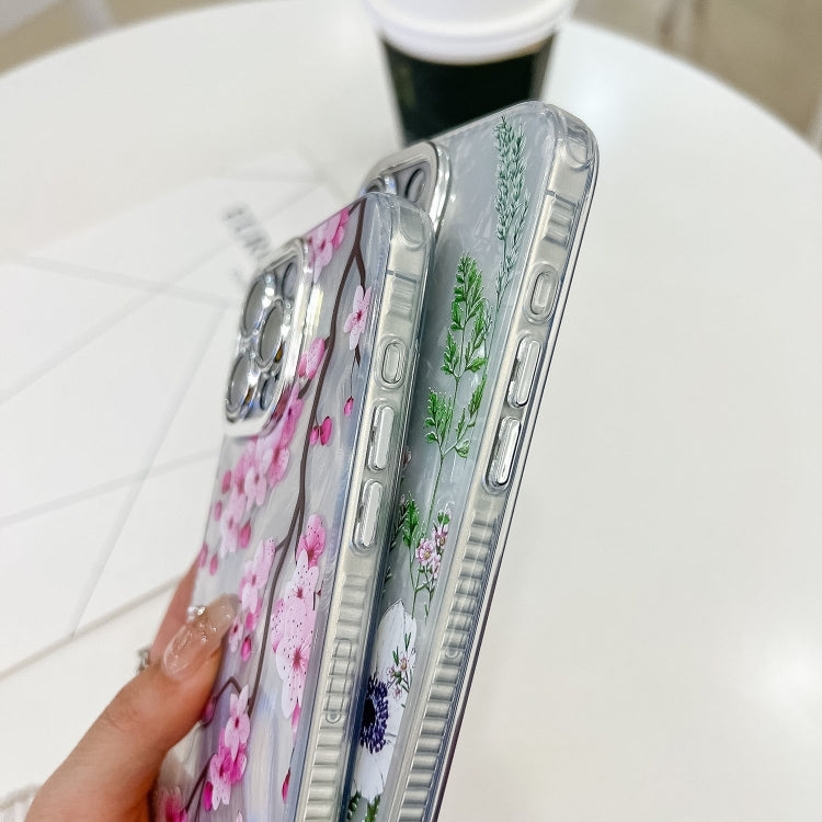 For iPhone 16e Electroplating Flowers Plants Texture Wristband TPU Phone Case(Blue Flower FL13) - iPhone 16e Cases by PMC TechLife | Online Shopping South Africa | PMC TechLife | Buy Now Pay Later Mobicred
