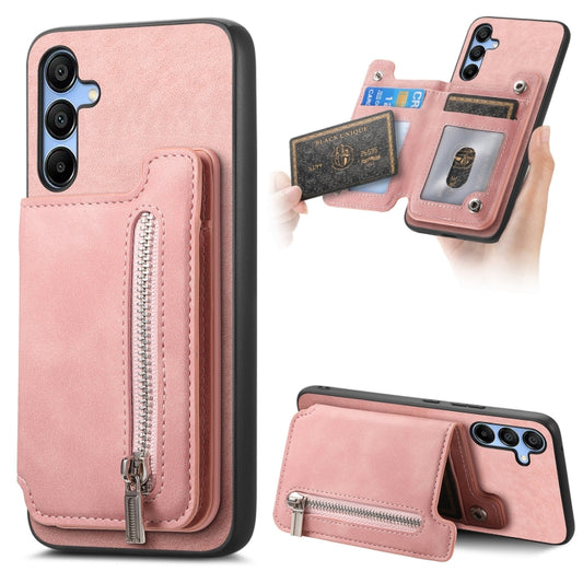 For Samsung Galaxy S25 5G Retro MagSafe Zipper Wallet Card Bag Back Phone Case(Pink) - Galaxy S25 5G Cases by PMC Jewellery | Online Shopping South Africa | PMC Jewellery | Buy Now Pay Later Mobicred