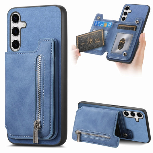 For Samsung Galaxy S25+ 5G Retro MagSafe Zipper Wallet Card Bag Back Phone Case(Blue) - Galaxy S25+ 5G Cases by PMC Jewellery | Online Shopping South Africa | PMC Jewellery | Buy Now Pay Later Mobicred