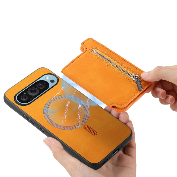 For Google Pixel 9 Pro XL Retro MagSafe Zipper Wallet Card Bag Back Phone Case(Yellow) - Google Cases by PMC TechLife | Online Shopping South Africa | PMC TechLife | Buy Now Pay Later Mobicred