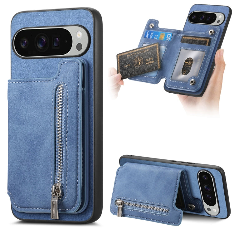 For Google Pixel 9 Pro XL Retro MagSafe Zipper Wallet Card Bag Back Phone Case(Blue) - Google Cases by PMC TechLife | Online Shopping South Africa | PMC TechLife | Buy Now Pay Later Mobicred