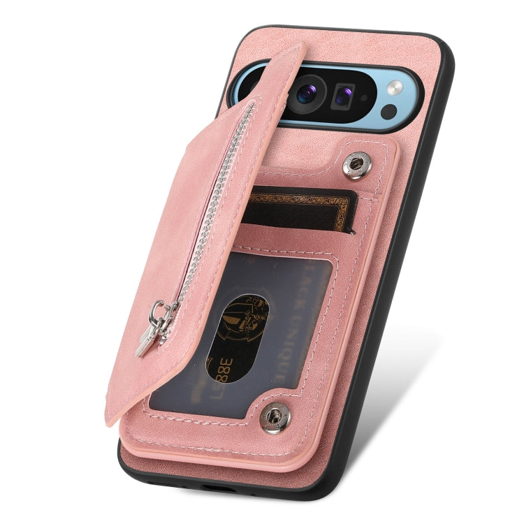 For Google Pixel 8a Retro MagSafe Zipper Wallet Card Bag Back Phone Case(Pink) - Google Cases by PMC TechLife | Online Shopping South Africa | PMC TechLife | Buy Now Pay Later Mobicred