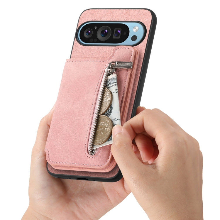 For Google Pixel 8a Retro MagSafe Zipper Wallet Card Bag Back Phone Case(Pink) - Google Cases by PMC TechLife | Online Shopping South Africa | PMC TechLife | Buy Now Pay Later Mobicred
