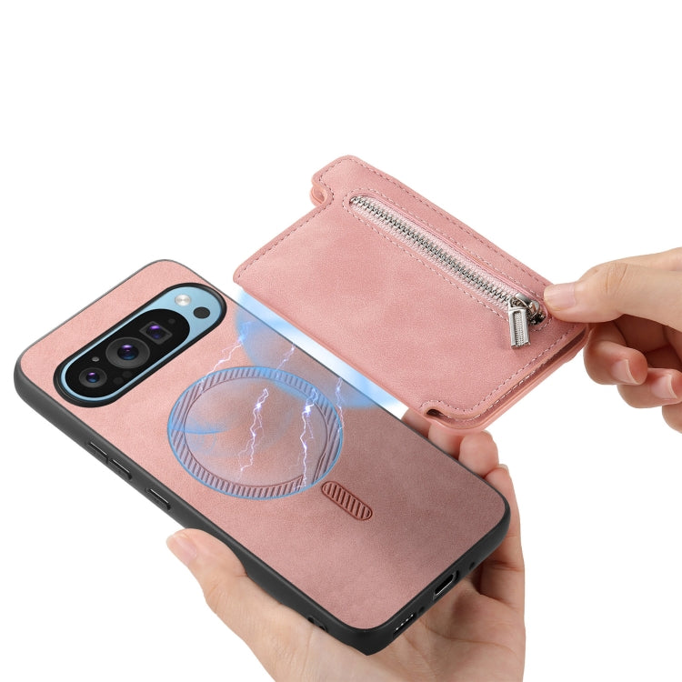 For Google Pixel 8a Retro MagSafe Zipper Wallet Card Bag Back Phone Case(Pink) - Google Cases by PMC TechLife | Online Shopping South Africa | PMC TechLife | Buy Now Pay Later Mobicred