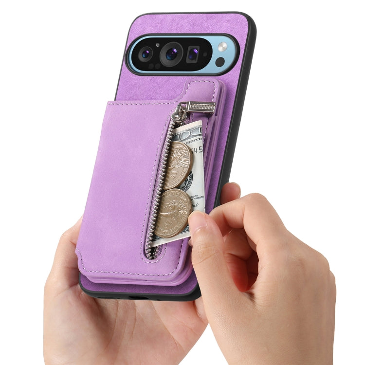 For Google Pixel 8a Retro MagSafe Zipper Wallet Card Bag Back Phone Case(Purple) - Google Cases by PMC TechLife | Online Shopping South Africa | PMC TechLife | Buy Now Pay Later Mobicred