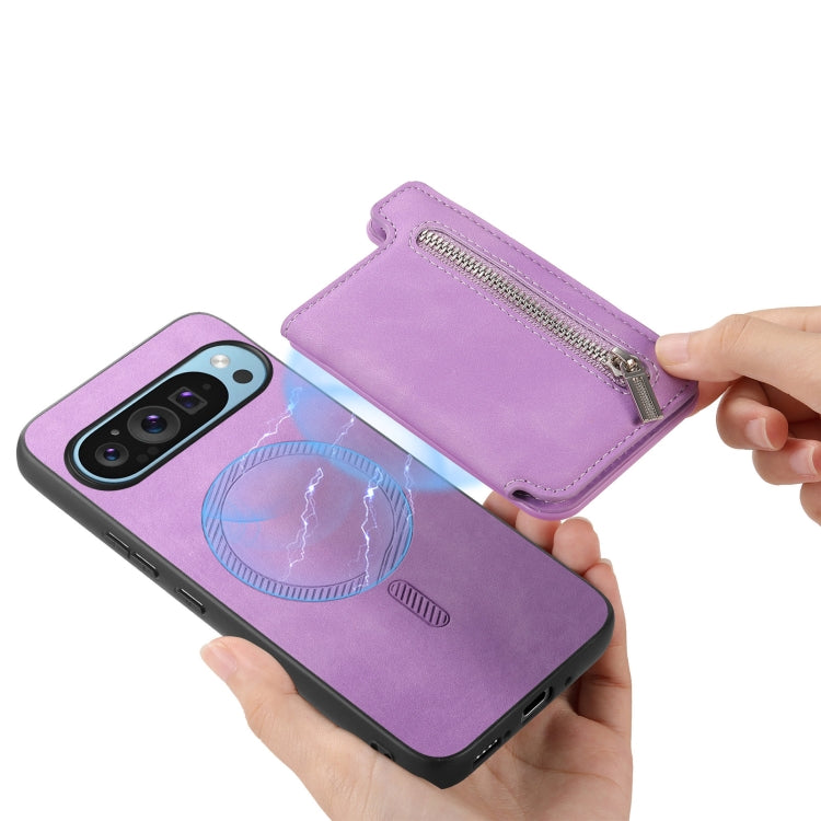 For Google Pixel 8a Retro MagSafe Zipper Wallet Card Bag Back Phone Case(Purple) - Google Cases by PMC TechLife | Online Shopping South Africa | PMC TechLife | Buy Now Pay Later Mobicred