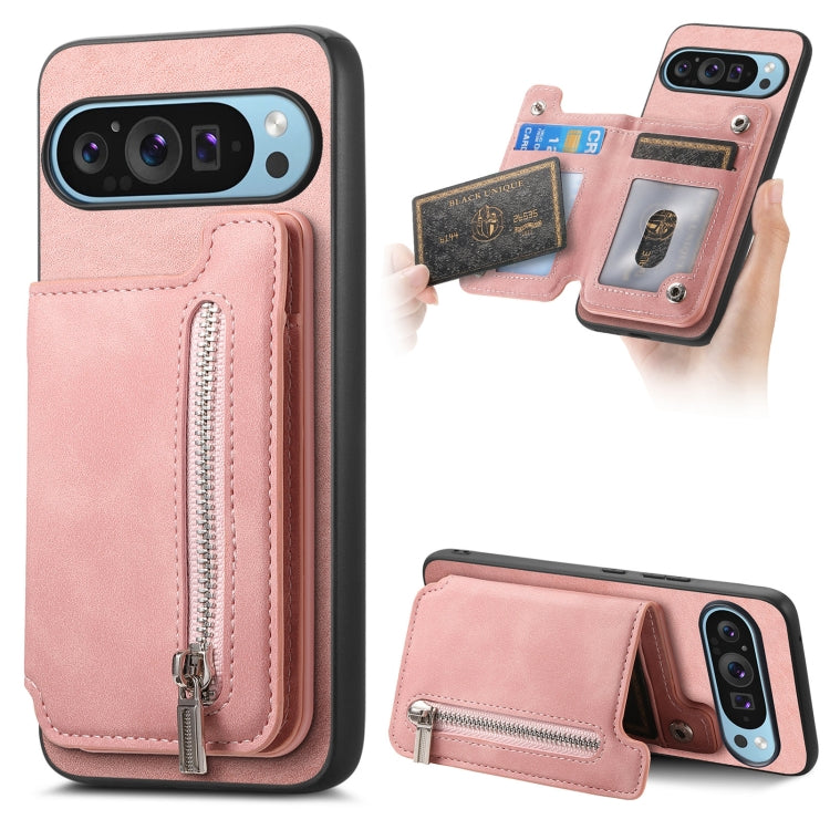 For Google Pixel 8 Pro Retro MagSafe Zipper Wallet Card Bag Back Phone Case(Pink) - Google Cases by PMC TechLife | Online Shopping South Africa | PMC TechLife | Buy Now Pay Later Mobicred