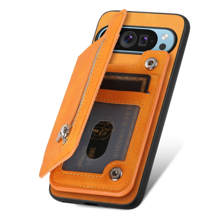 For Google Pixel 8 Retro MagSafe Zipper Wallet Card Bag Back Phone Case(Yellow) - free shipping - PMC TechLife - Order now!