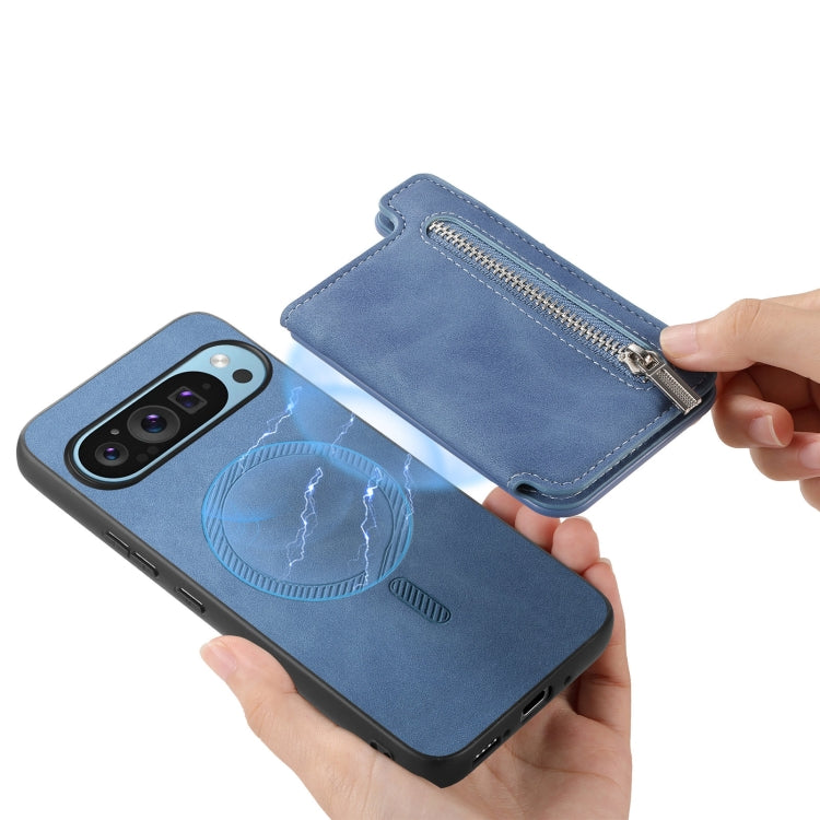 For Google Pixel 8 Retro MagSafe Zipper Wallet Card Bag Back Phone Case(Blue) - Google Cases by PMC TechLife | Online Shopping South Africa | PMC TechLife | Buy Now Pay Later Mobicred