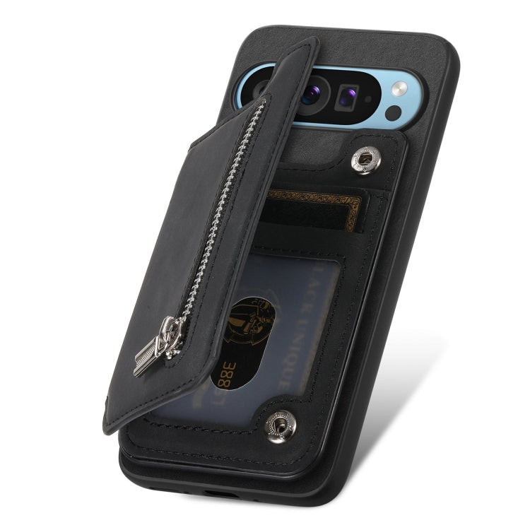 For Google Pixel 8 Retro MagSafe Zipper Wallet Card Bag Back Phone Case(Black) - Google Cases by PMC TechLife | Online Shopping South Africa | PMC TechLife | Buy Now Pay Later Mobicred