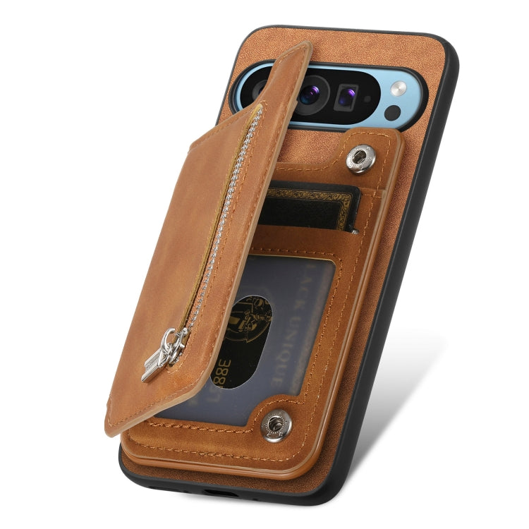 For Google Pixel 7a Retro MagSafe Zipper Wallet Card Bag Back Phone Case(Brown) - Google Cases by PMC TechLife | Online Shopping South Africa | PMC TechLife | Buy Now Pay Later Mobicred
