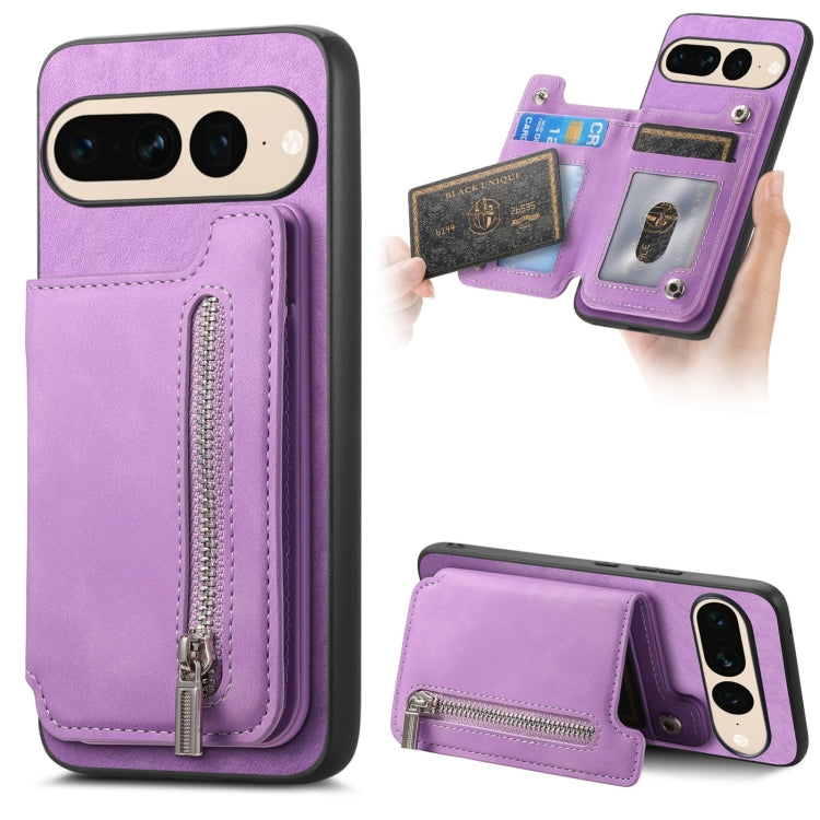 For Google Pixel 7 Pro Retro MagSafe Zipper Wallet Card Bag Back Phone Case(Purple) - Google Cases by PMC TechLife | Online Shopping South Africa | PMC TechLife | Buy Now Pay Later Mobicred