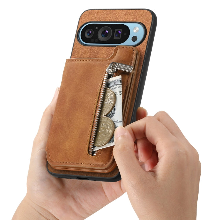 For Google Pixel 7 Retro MagSafe Zipper Wallet Card Bag Back Phone Case(Brown) - Google Cases by PMC TechLife | Online Shopping South Africa | PMC TechLife | Buy Now Pay Later Mobicred