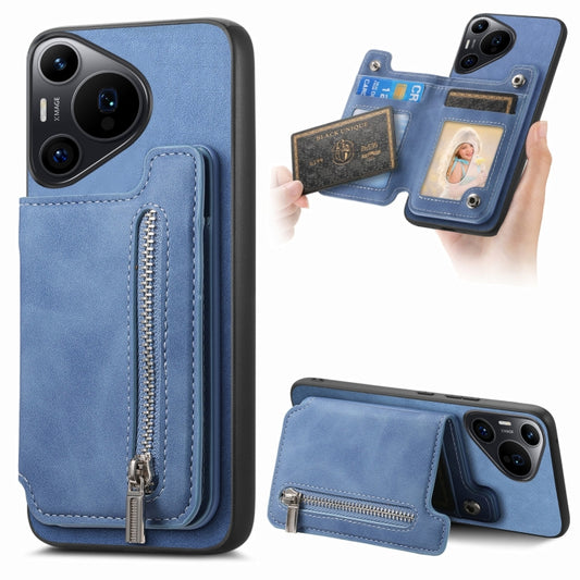 For Huawei Pura 70 Pro Retro MagSafe Zipper Wallet Card Bag Back Phone Case(Blue) - Huawei Cases by PMC Jewellery | Online Shopping South Africa | PMC Jewellery | Buy Now Pay Later Mobicred